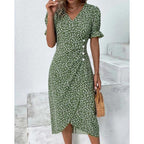 Hazel | Blumenprint Wickel Midi Kleid Mit V-Ausschnitt Und Knopfdetails
