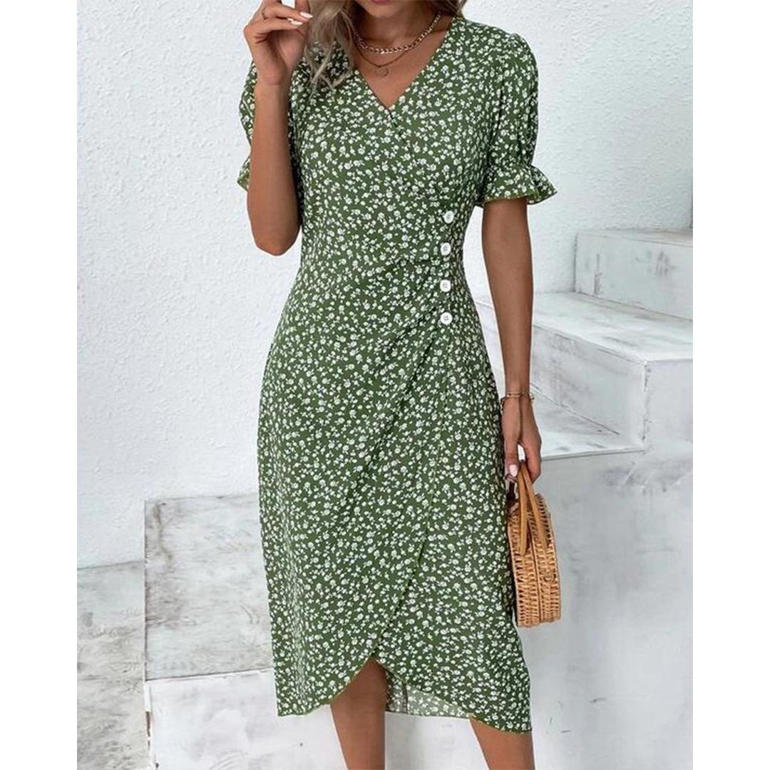 Hazel | Blumenprint Wickel Midi Kleid Mit V-Ausschnitt Und Knopfdetails