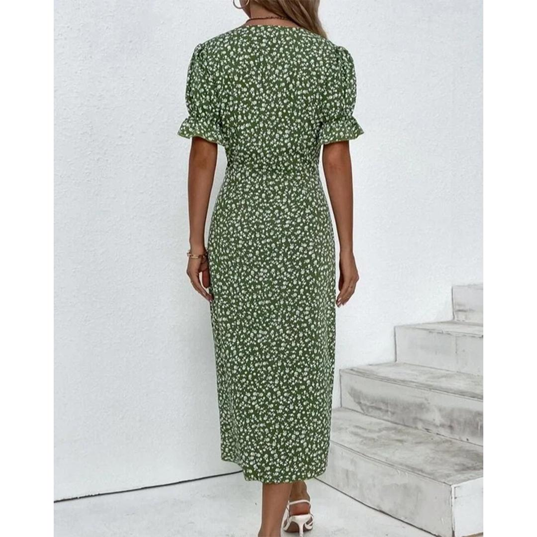 Hazel | Blumenprint Wickel Midi Kleid Mit V-Ausschnitt Und Knopfdetails