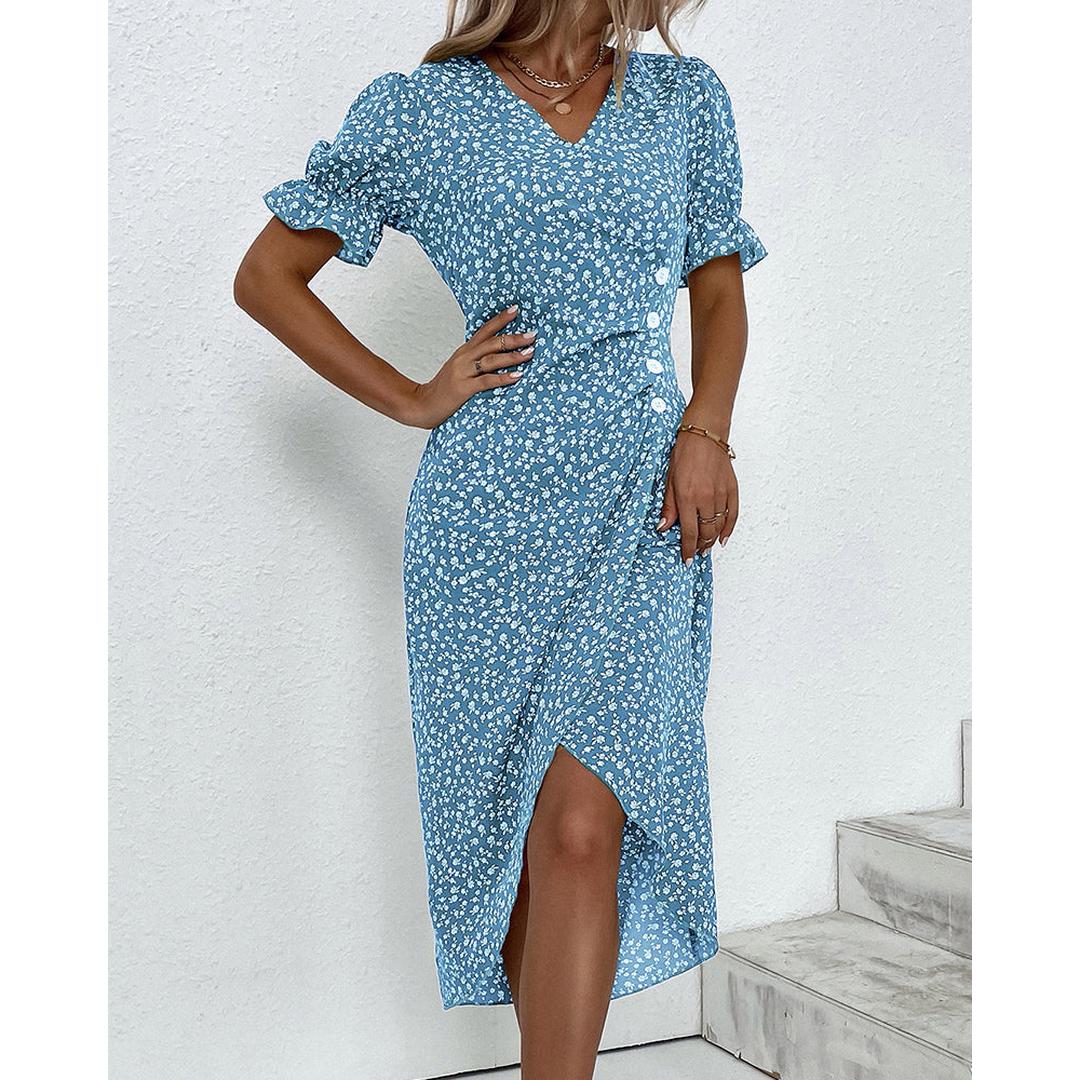 Hazel | Blumenprint Wickel Midi Kleid Mit V-Ausschnitt Und Knopfdetails