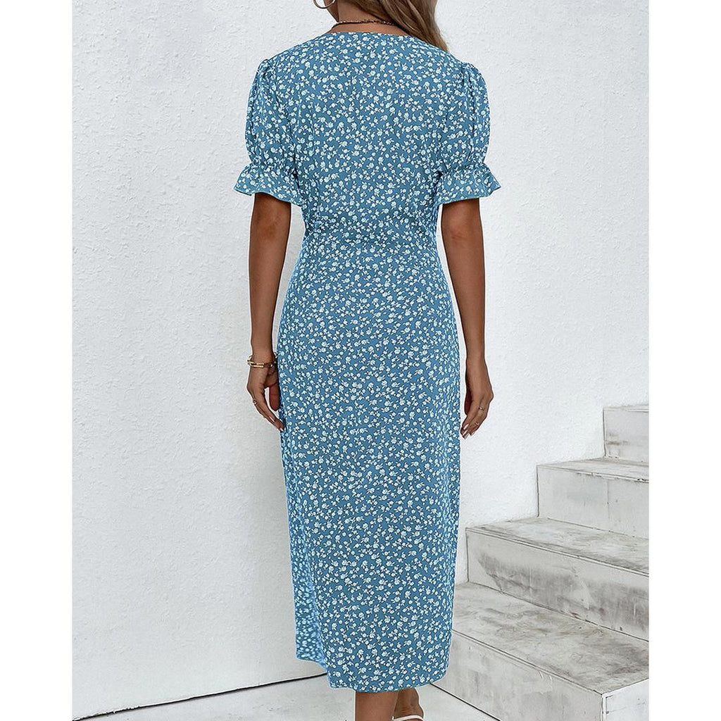 Hazel | Blumenprint Wickel Midi Kleid Mit V-Ausschnitt Und Knopfdetails