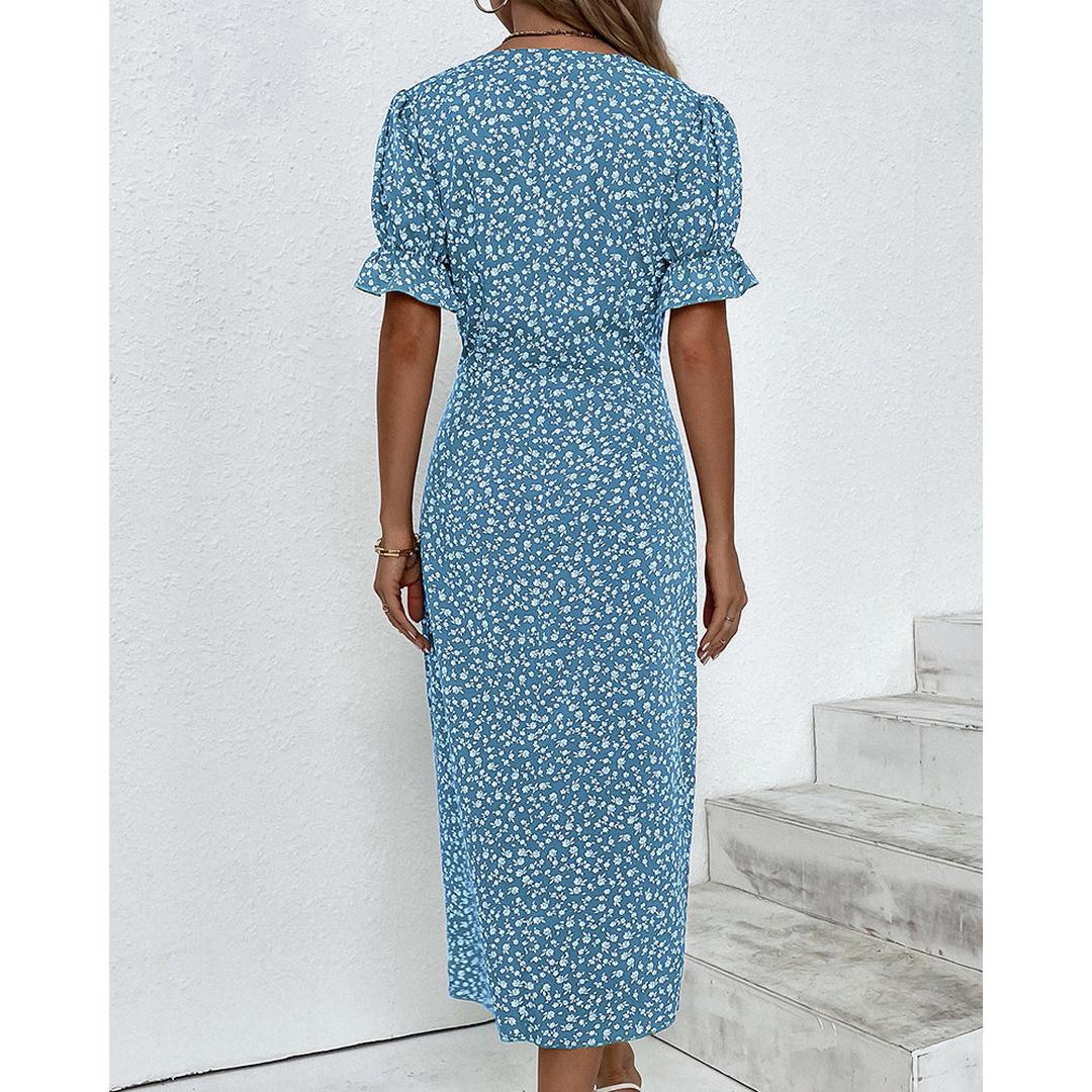 Hazel | Blumenprint Wickel Midi Kleid Mit V-Ausschnitt Und Knopfdetails