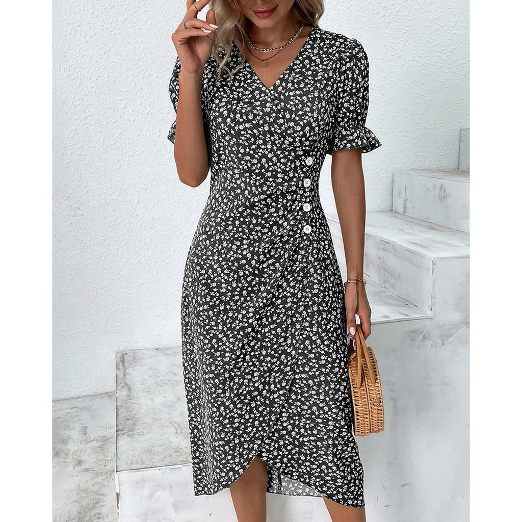Hazel | Blumenprint Wickel Midi Kleid Mit V-Ausschnitt Und Knopfdetails