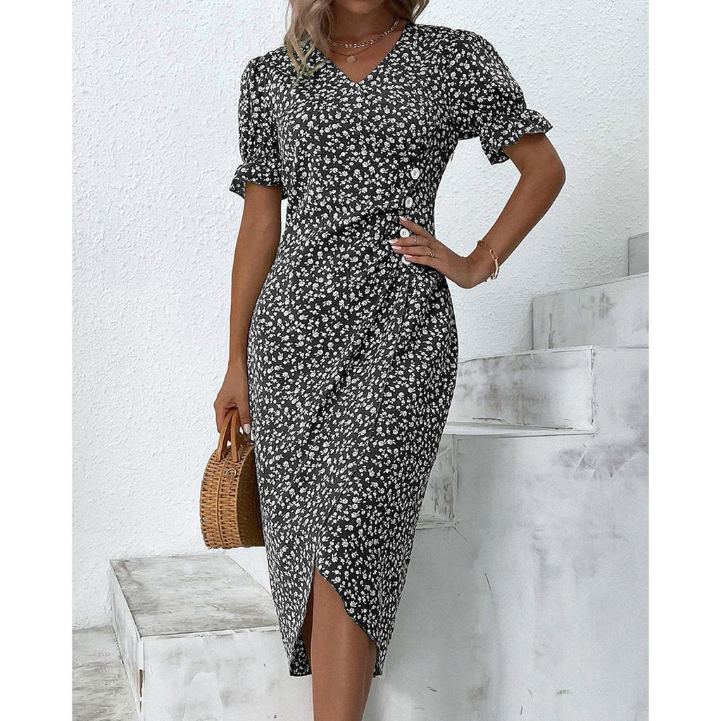 Hazel | Blumenprint Wickel Midi Kleid Mit V-Ausschnitt Und Knopfdetails