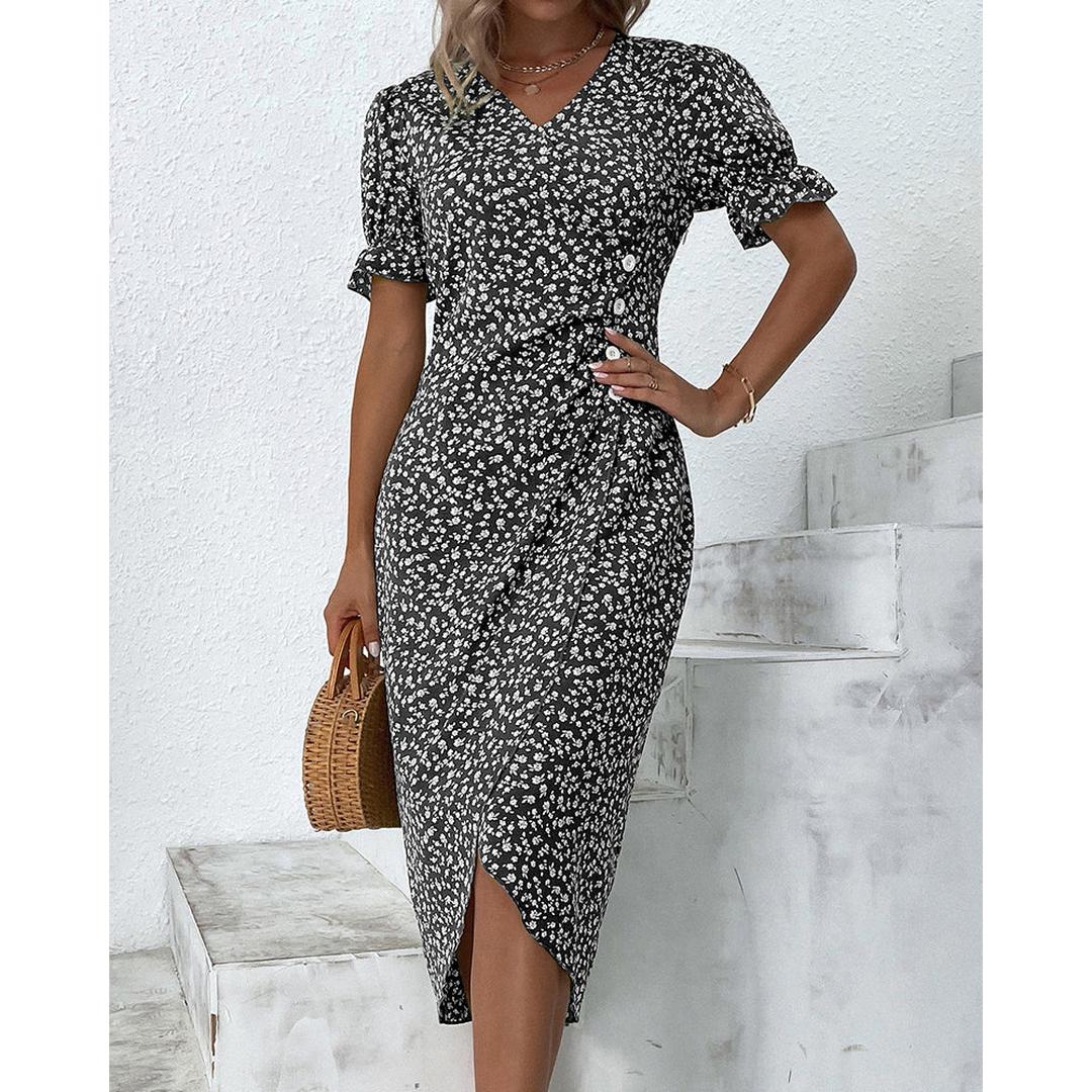 Hazel | Blumenprint Wickel Midi Kleid Mit V-Ausschnitt Und Knopfdetails
