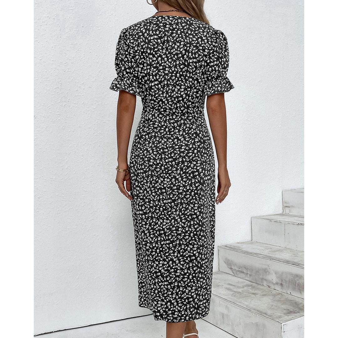 Hazel | Blumenprint Wickel Midi Kleid Mit V-Ausschnitt Und Knopfdetails