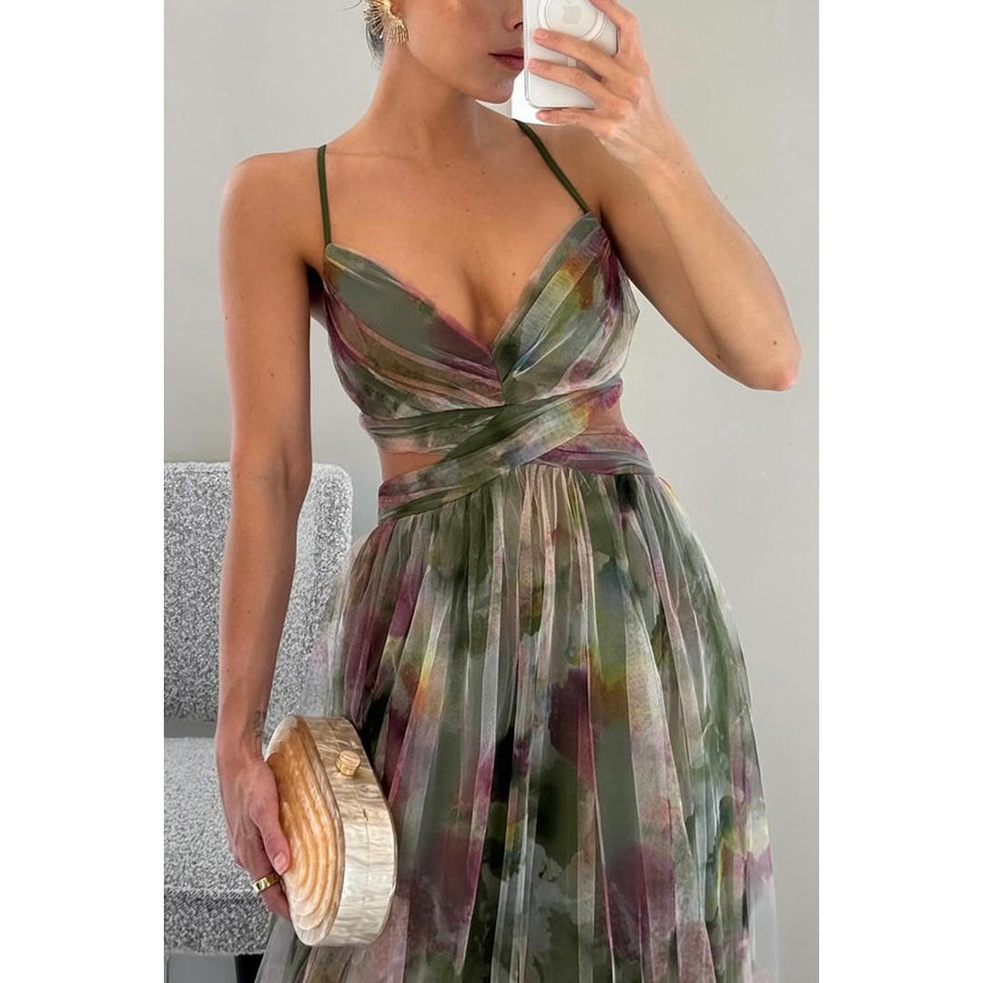Isabelle | Blumenprint Maxi Kleid Mit V-Ausschnitt Und Spaghettiträgern