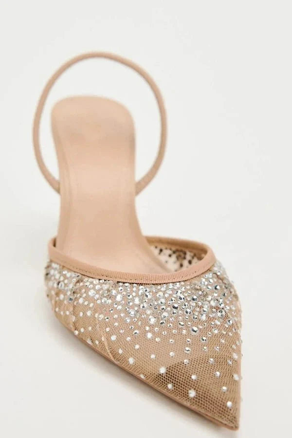 Clara | Damen Slingback Pumps Mit Spitze Und Kristalldetail