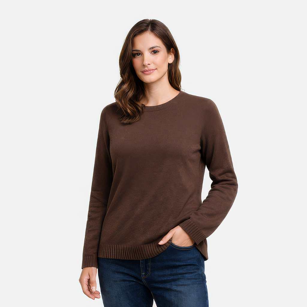 Emma | Damen Rundhals Pullover braun mit schlichter Optik