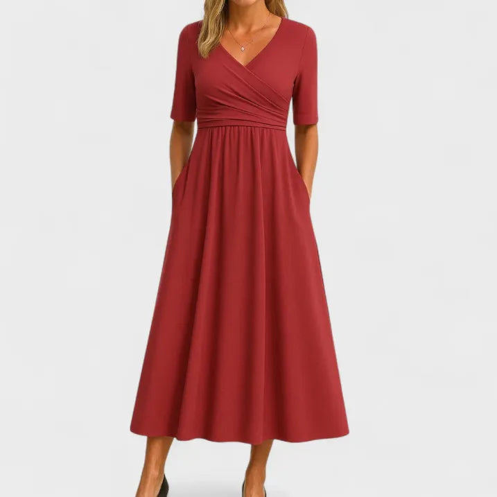 Cassandra | Damen Midikleid Mit V-Ausschnitt Und Kurzarm