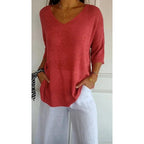 Lucille | Damen Stricktop Mit V-Ausschnitt Und Dreiviertelärmeln