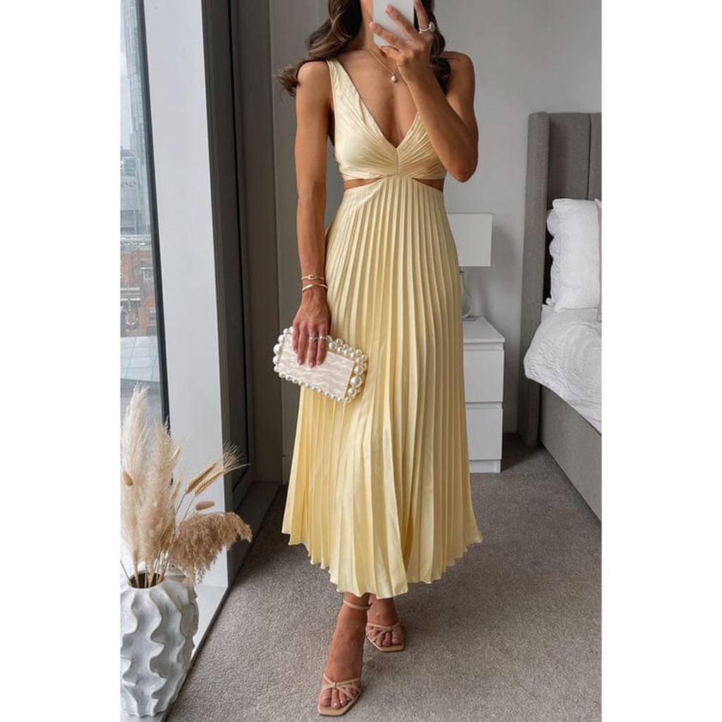 Rosalie | Damen Ärmelloses Plissee Midi Kleid Mit V-Ausschnitt