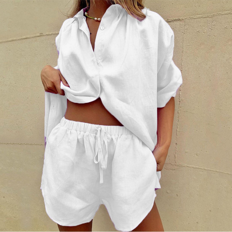 Lily | Damen Zweiteiliges Leinenset Mit Hemd Und Shorts