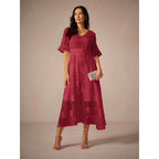 Vivian | Damen Midi Kleid Mit Flatterärmeln Und Spitzendetail