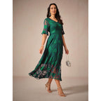 Vivian | Damen Midi Kleid Mit Flatterärmeln Und Spitzendetail