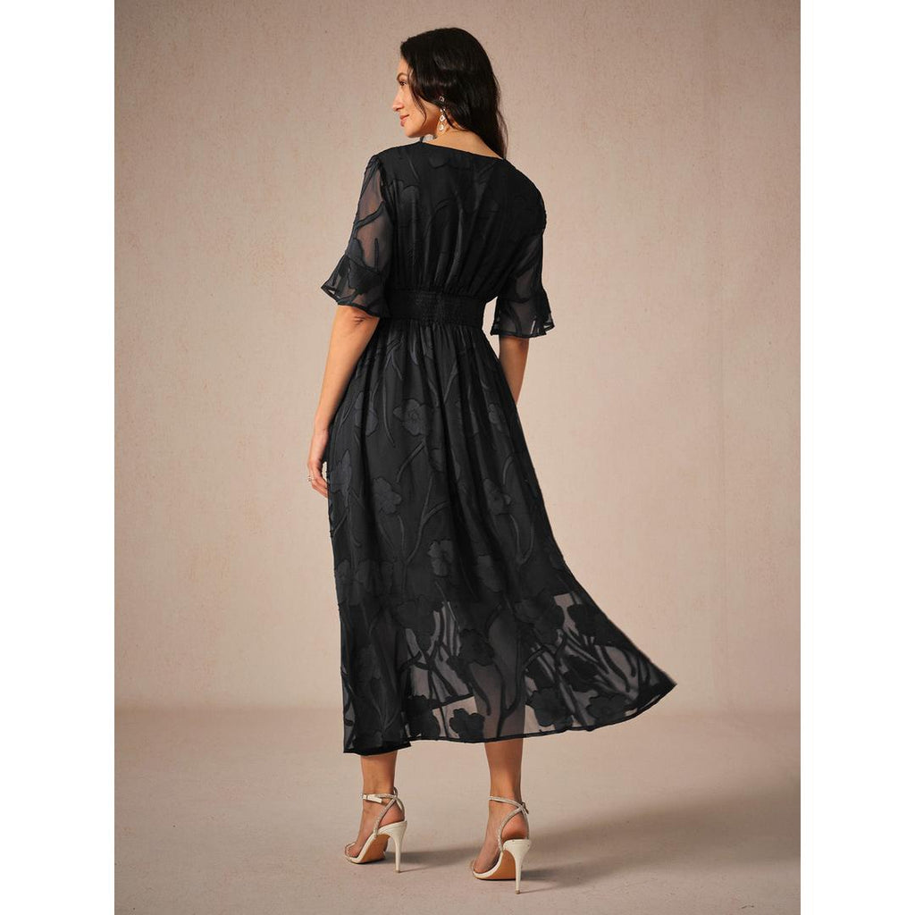 Vivian | Damen Midi Kleid Mit Flatterärmeln Und Spitzendetail