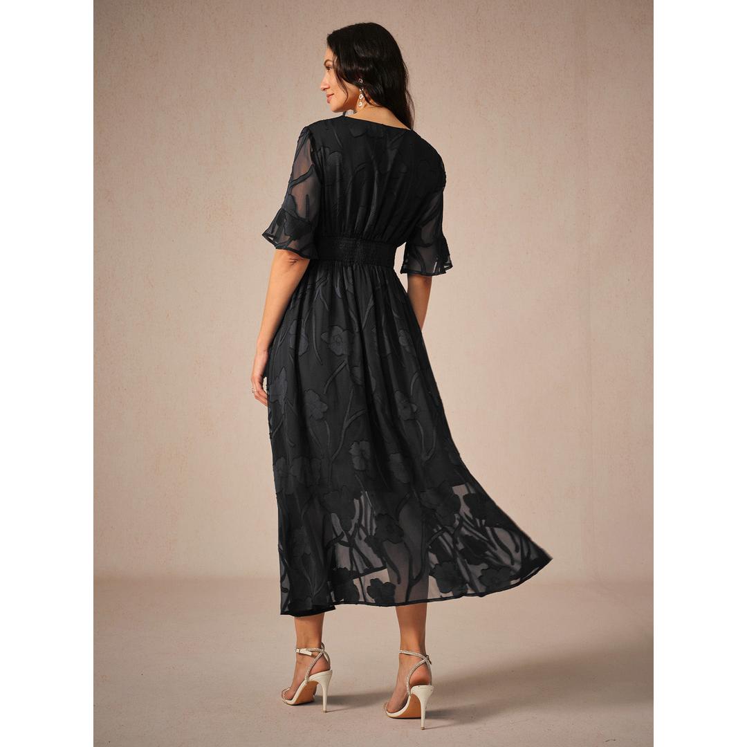 Vivian | Damen Midi Kleid Mit Flatterärmeln Und Spitzendetail