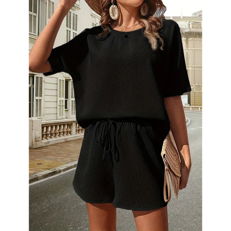 Chloe | Damen Zweiteiliges Set Mit Lockerem Oberteil Und Shorts Mit Kordelzug