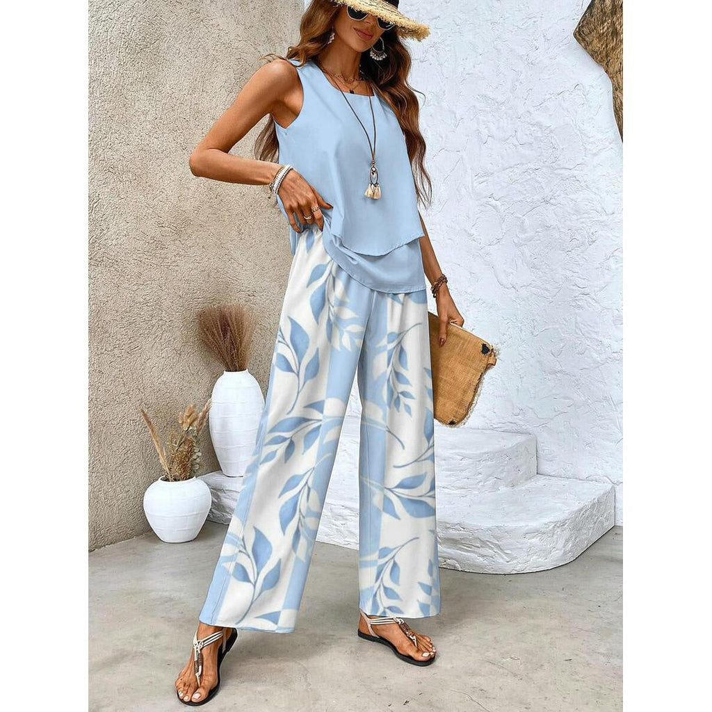 Olivia | Zweiteiliges Set für Damen mit Blattmuster, Bestehend aus Oberteil und Hose