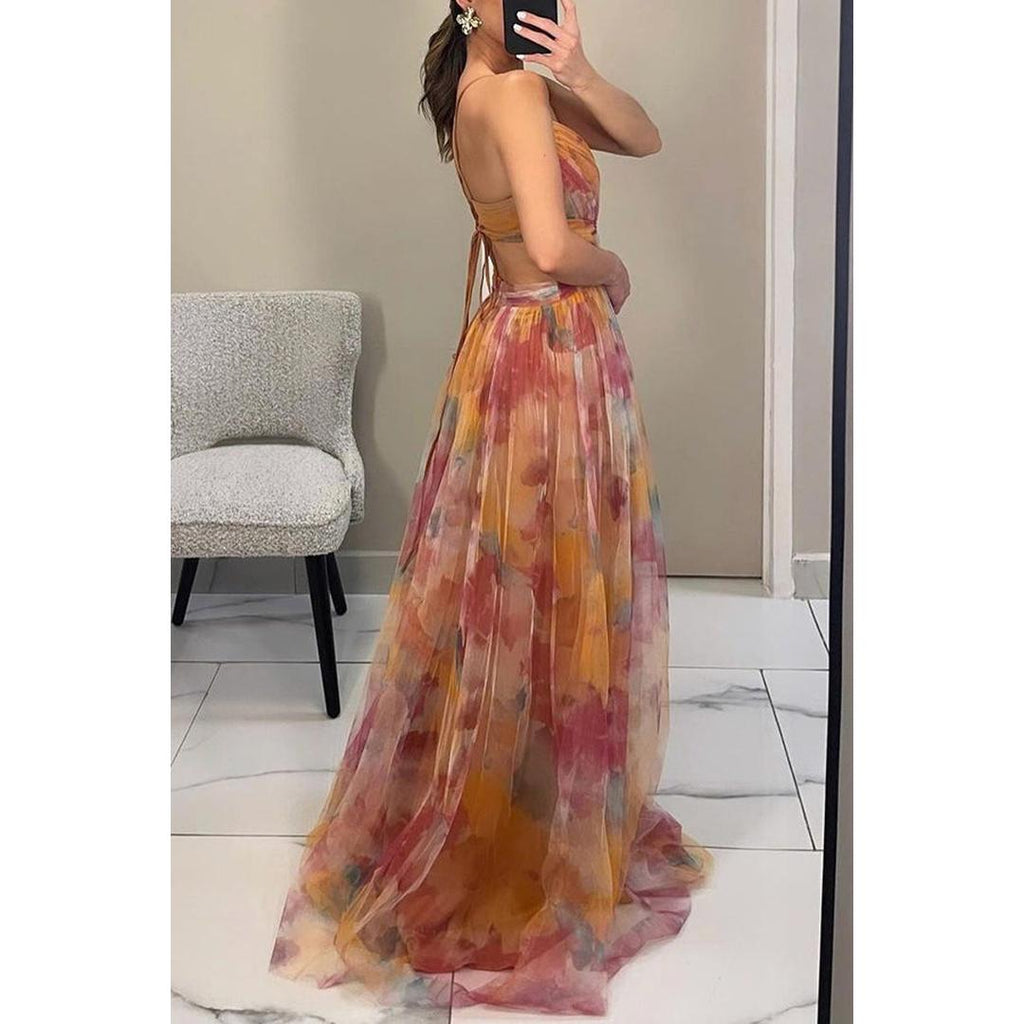Isabelle | Blumenprint Maxi Kleid Mit V-Ausschnitt Und Spaghettiträgern