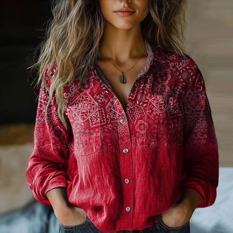 Anya | Damen Ethno Print Bluse Mit Kerbkragen