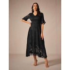 Vivian | Damen Midi Kleid Mit Flatterärmeln Und Spitzendetail