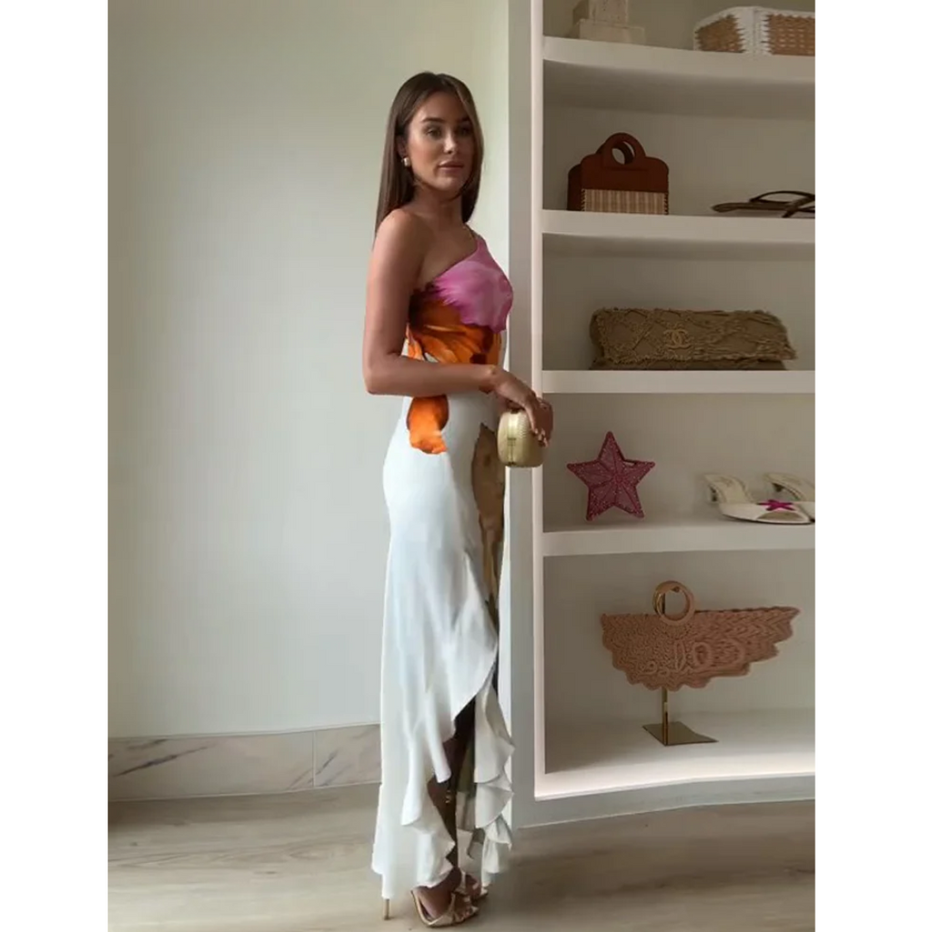 Valentina | Damen Maxikleid Mit Ein-Schulter-Träger Und Floralem Print
