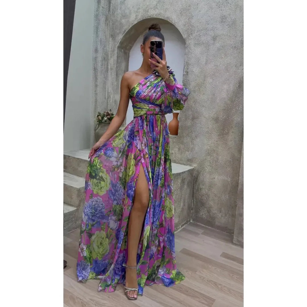 Daphne | Ein-Schulter Blumenprint Maxi Kleid Mit Hohem Schlitz