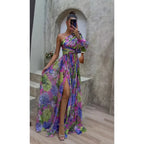 Daphne | Ein-Schulter Blumenprint Maxi Kleid Mit Hohem Schlitz