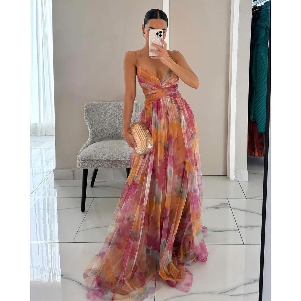 Isabelle | Blumenprint Maxi Kleid Mit V-Ausschnitt Und Spaghettiträgern