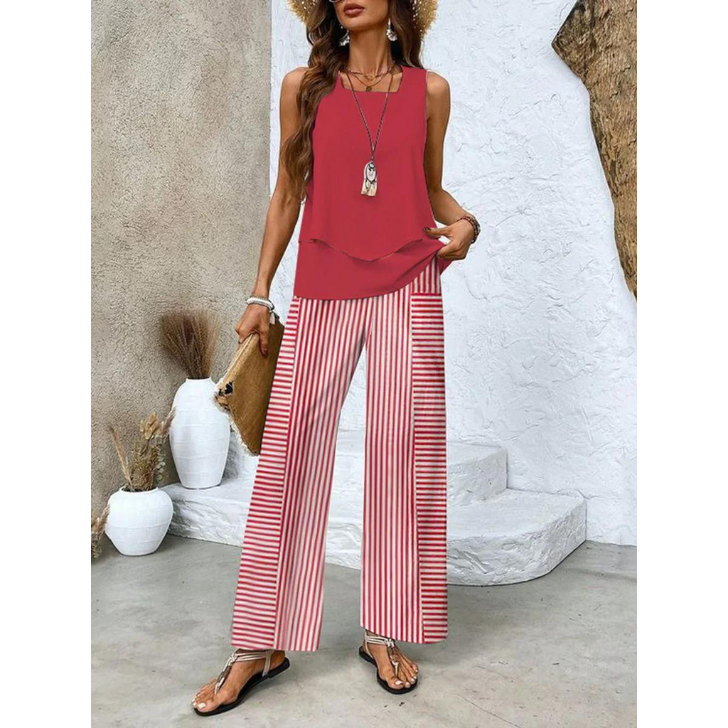 Olivia | Zweiteiliges Set für Damen mit Blattmuster, Bestehend aus Oberteil und Hose