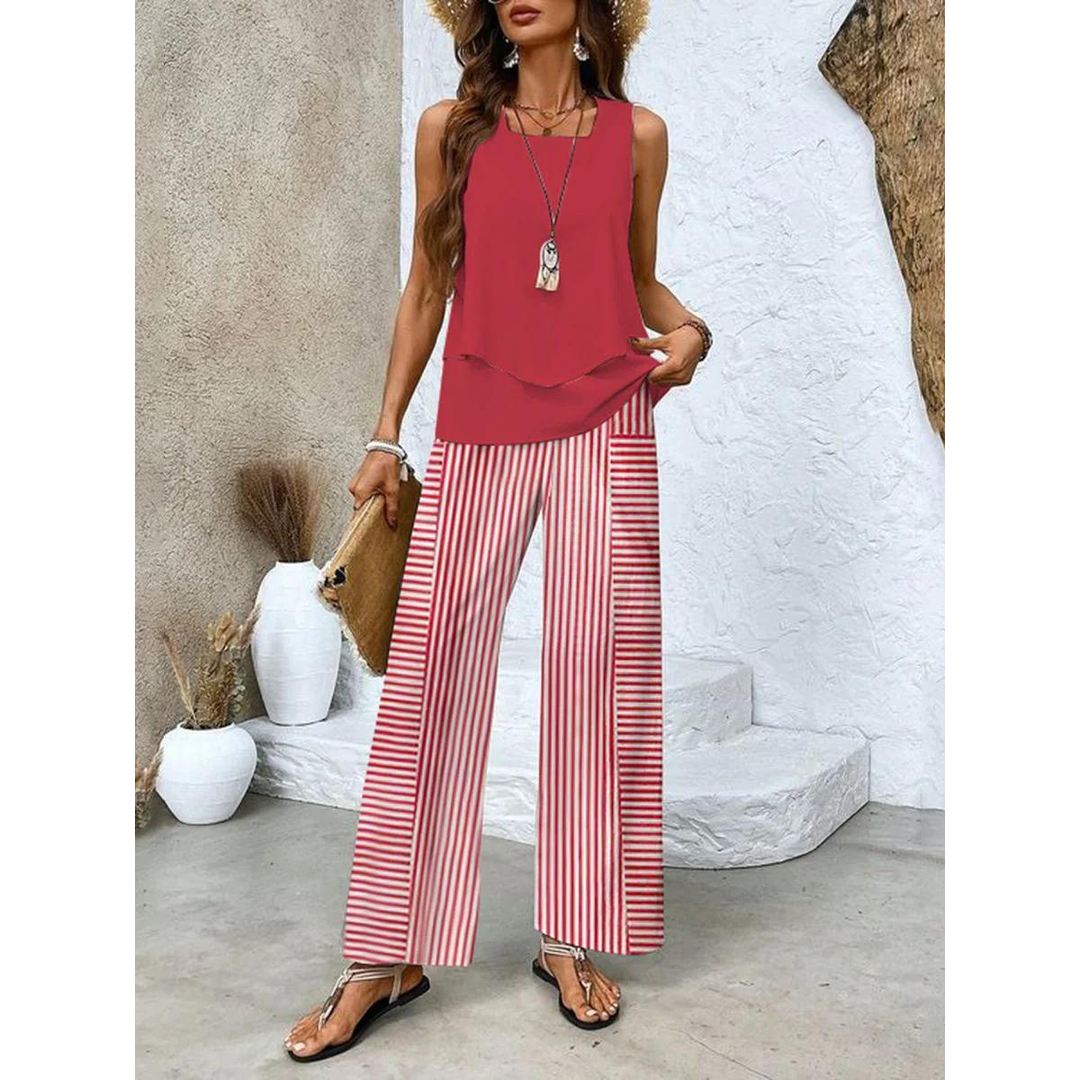 Olivia | Zweiteiliges Set für Damen mit Blattmuster, Bestehend aus Oberteil und Hose