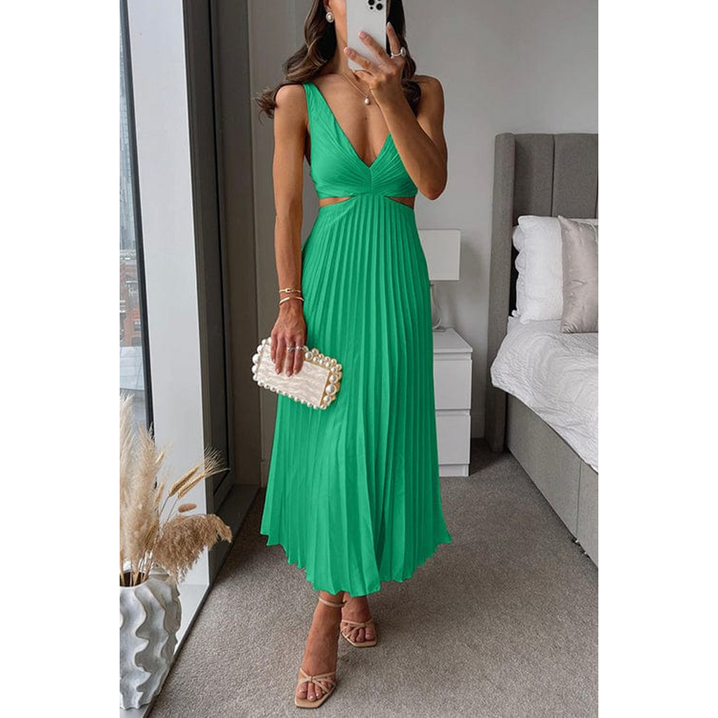 Rosalie | Damen Ärmelloses Plissee Midi Kleid Mit V-Ausschnitt