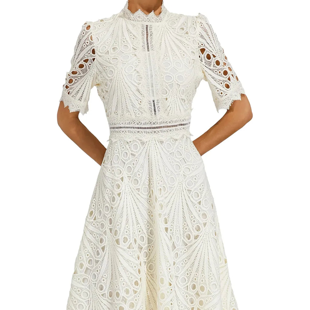 Juliette | Damen Kurzarm Spitzen Midi Kleid