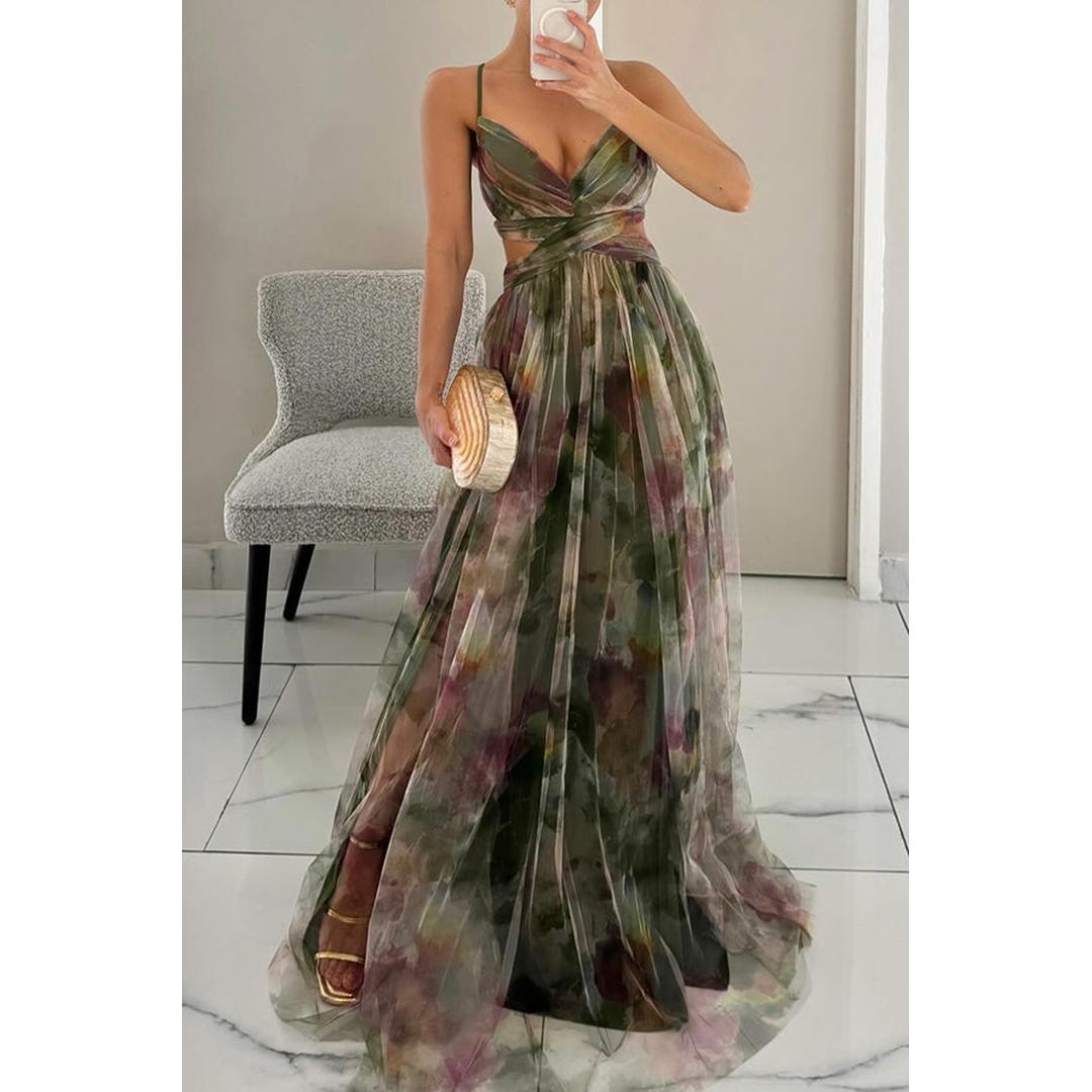 Isabelle | Blumenprint Maxi Kleid Mit V-Ausschnitt Und Spaghettiträgern