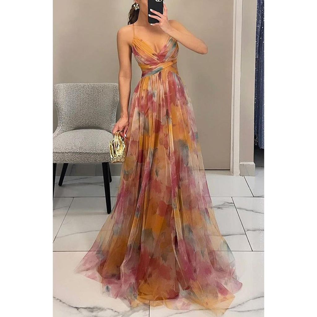 Isabelle | Blumenprint Maxi Kleid Mit V-Ausschnitt Und Spaghettiträgern