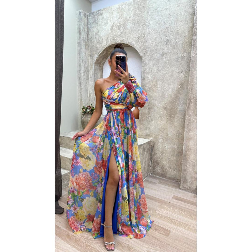 Daphne | Ein-Schulter Blumenprint Maxi Kleid Mit Hohem Schlitz