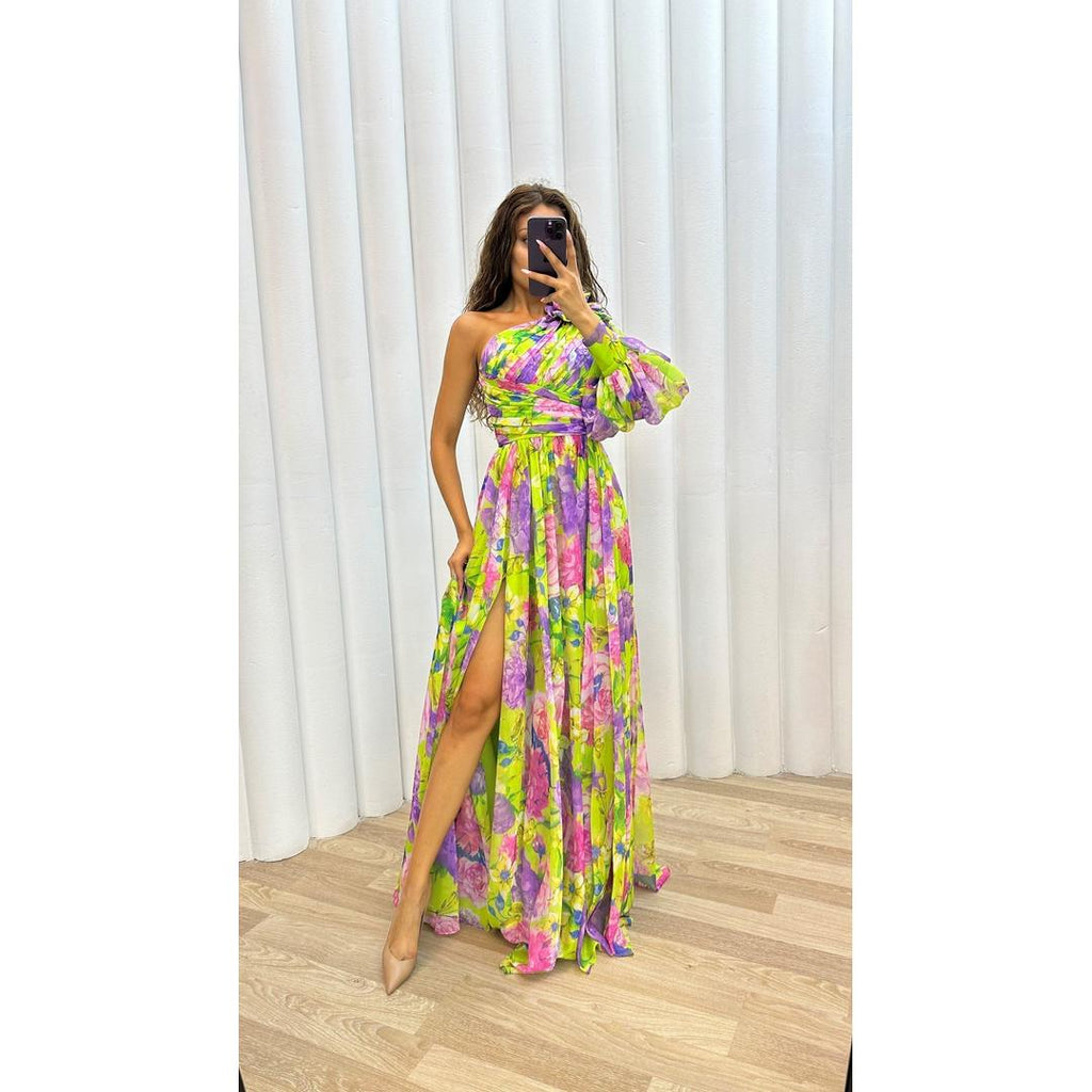Daphne | Ein-Schulter Blumenprint Maxi Kleid Mit Hohem Schlitz