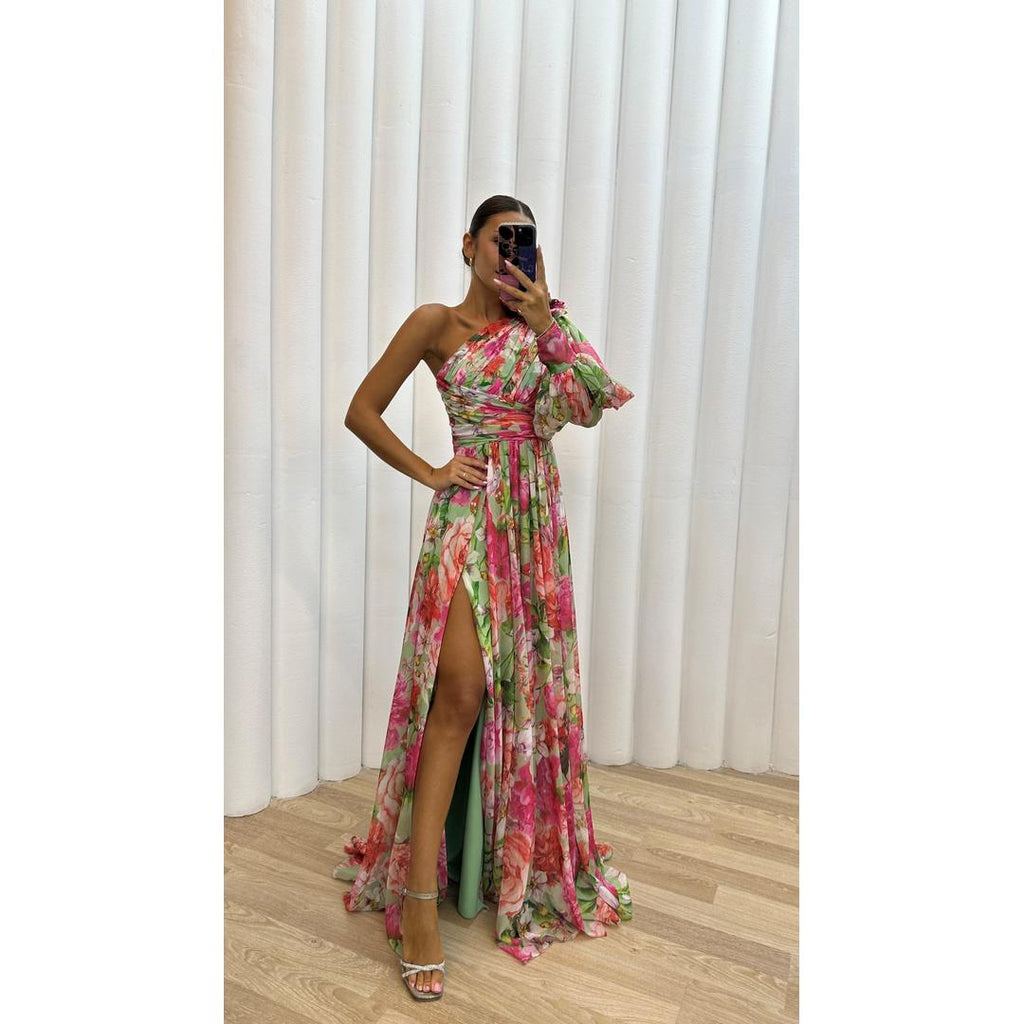 Daphne | Ein-Schulter Blumenprint Maxi Kleid Mit Hohem Schlitz