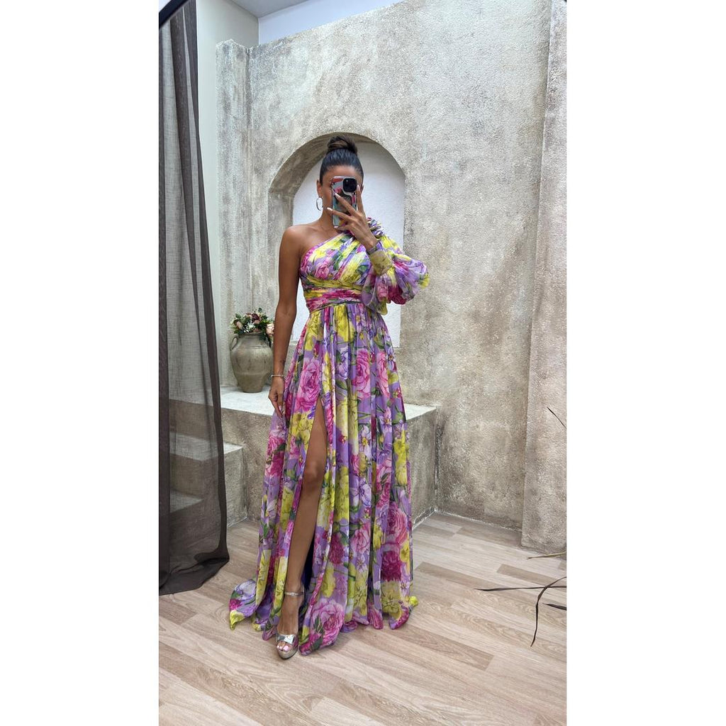 Daphne | Ein-Schulter Blumenprint Maxi Kleid Mit Hohem Schlitz