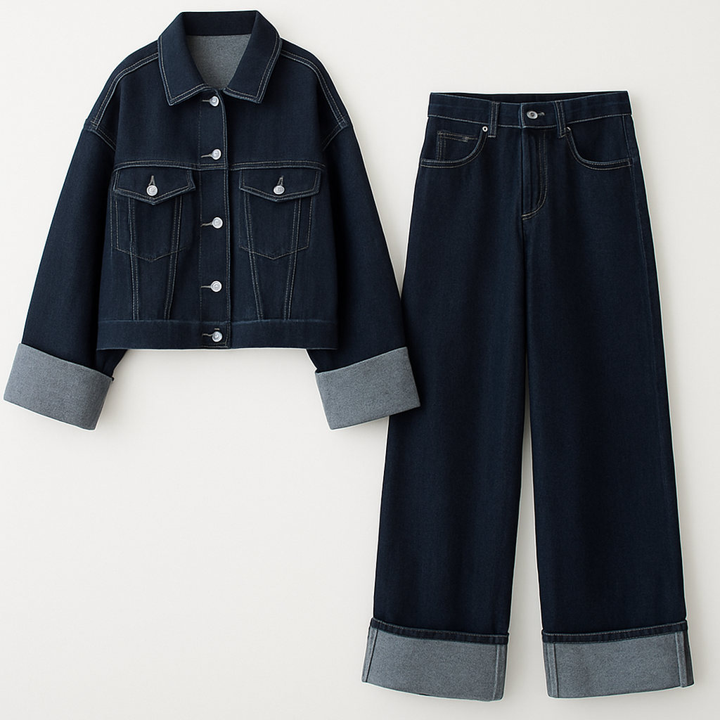 Elina | Damen Denim Set Mit Jacke Und Wide-Leg Hose