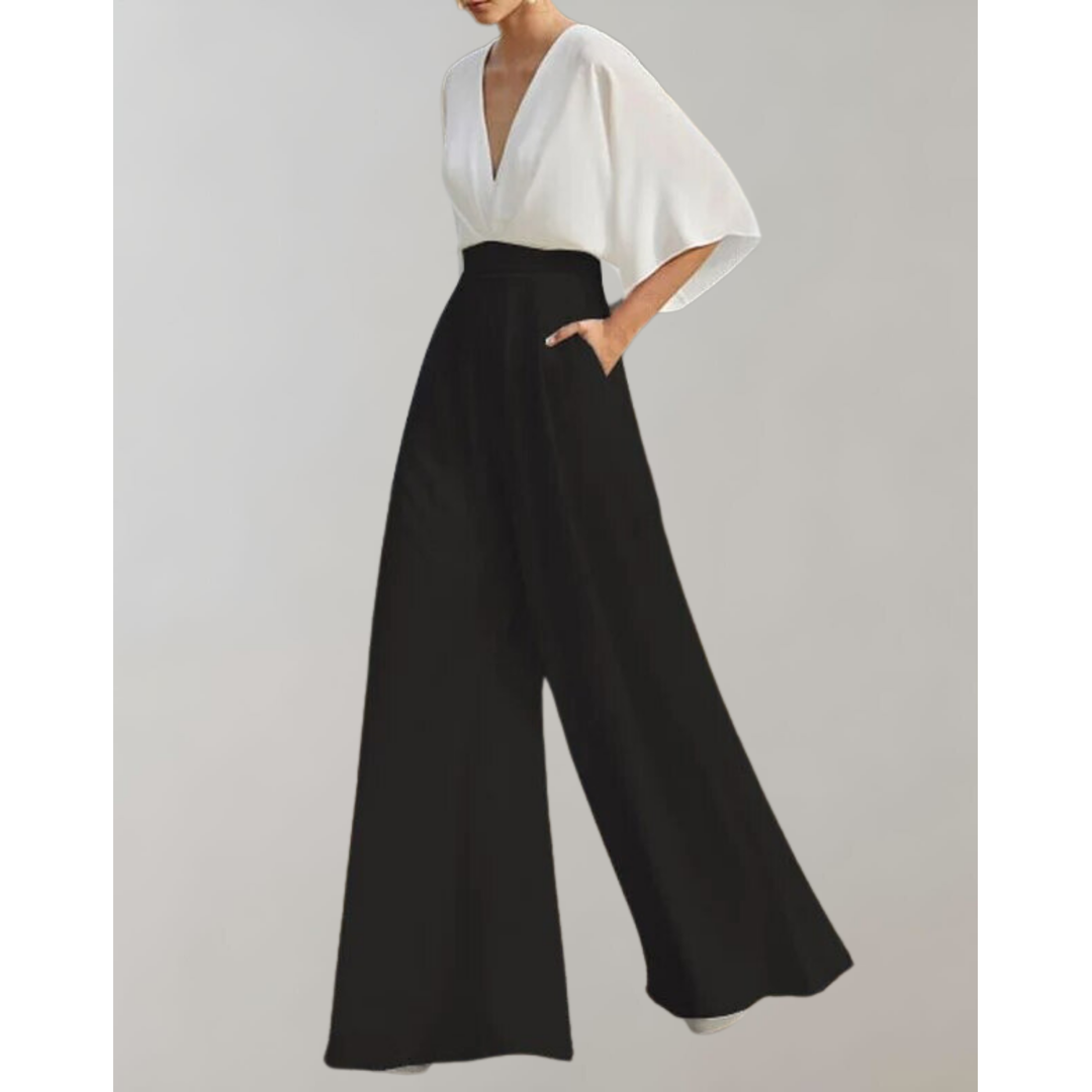 Mia | Damen Jumpsuit mit tiefem Ausschnitt und weitem Bein