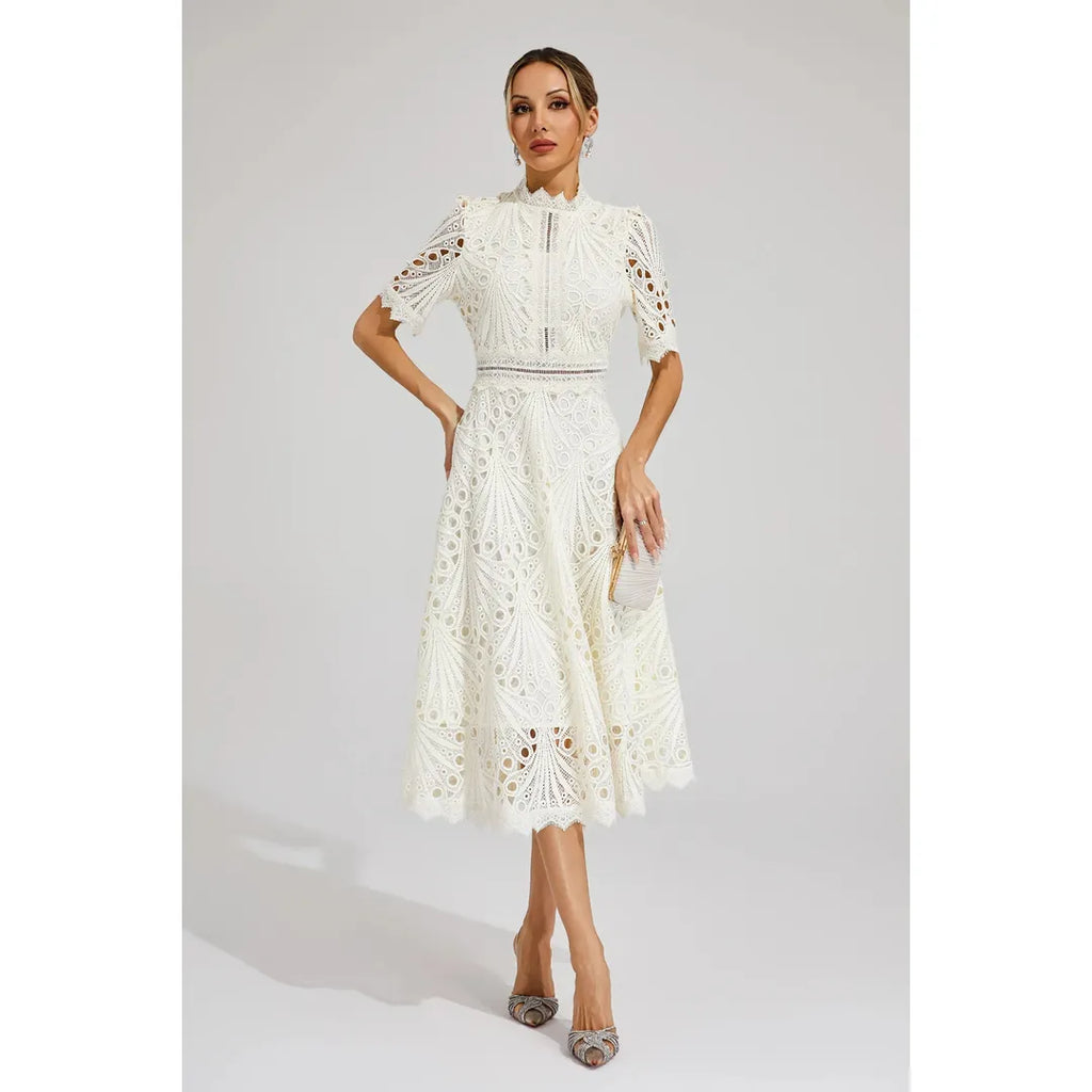 Juliette | Damen Kurzarm Spitzen Midi Kleid