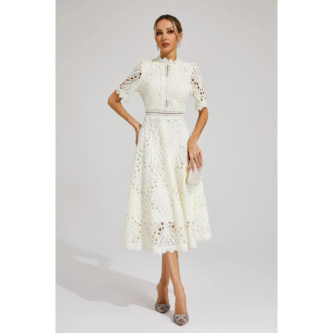 Juliette | Damen Kurzarm Spitzen Midi Kleid