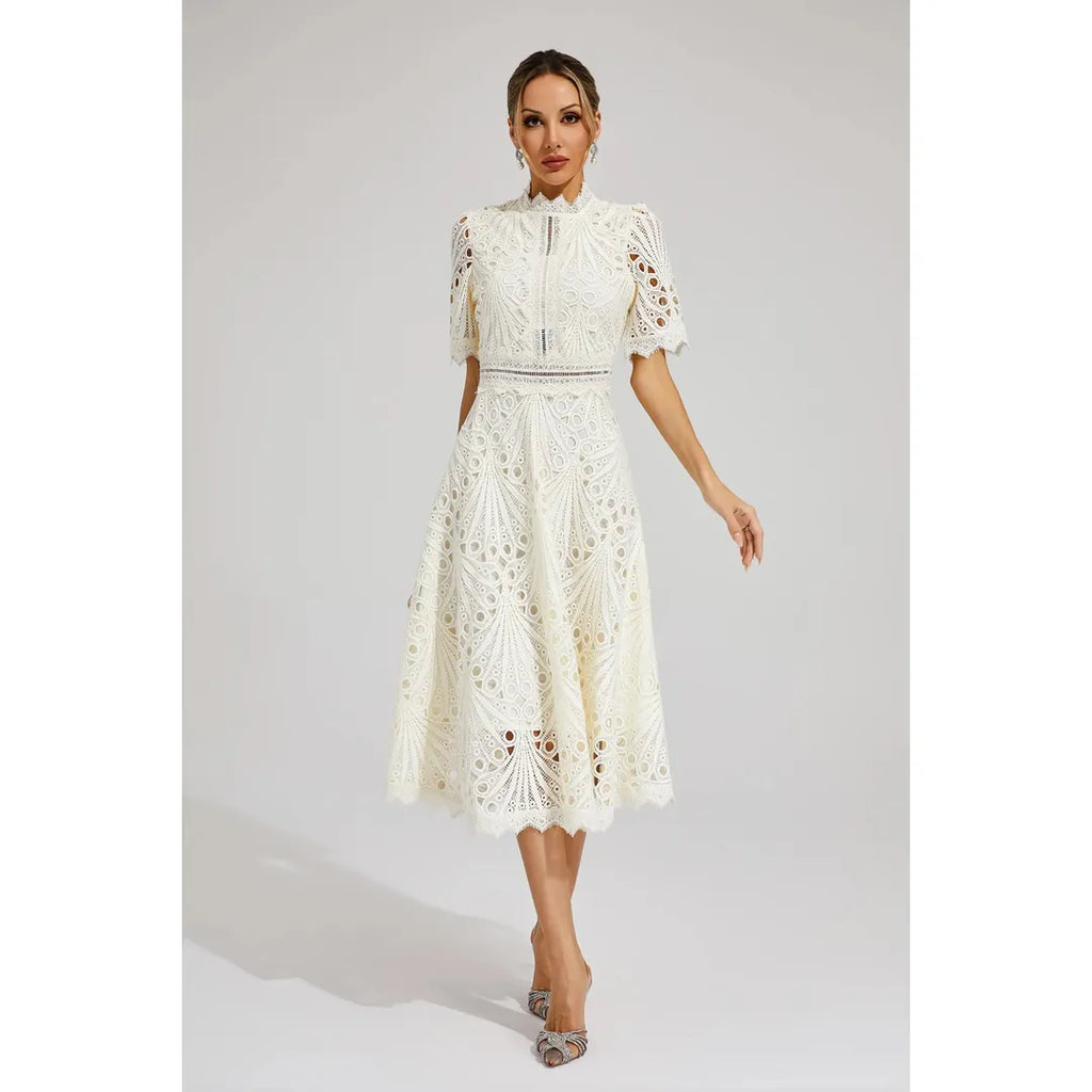 Juliette | Damen Kurzarm Spitzen Midi Kleid