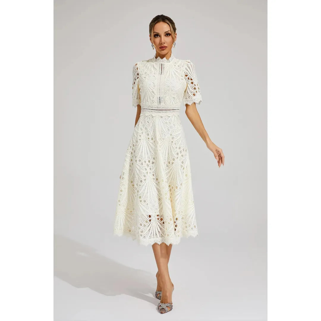 Juliette | Damen Kurzarm Spitzen Midi Kleid