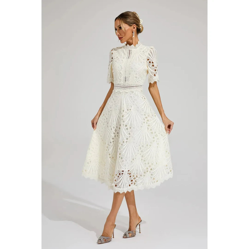 Juliette | Damen Kurzarm Spitzen Midi Kleid