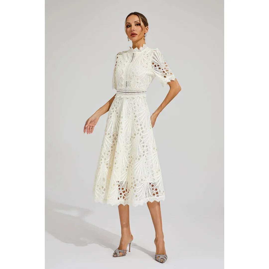 Juliette | Damen Kurzarm Spitzen Midi Kleid