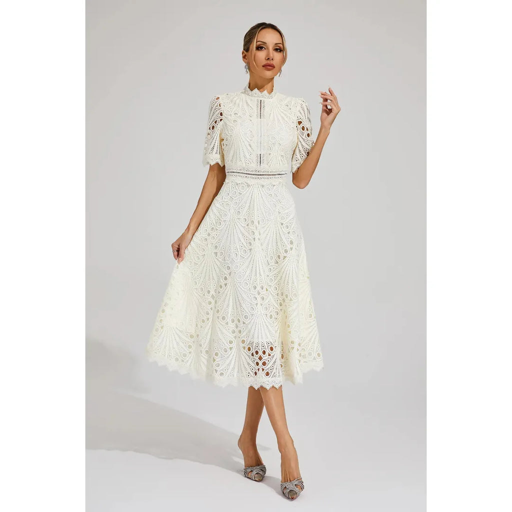 Juliette | Damen Kurzarm Spitzen Midi Kleid