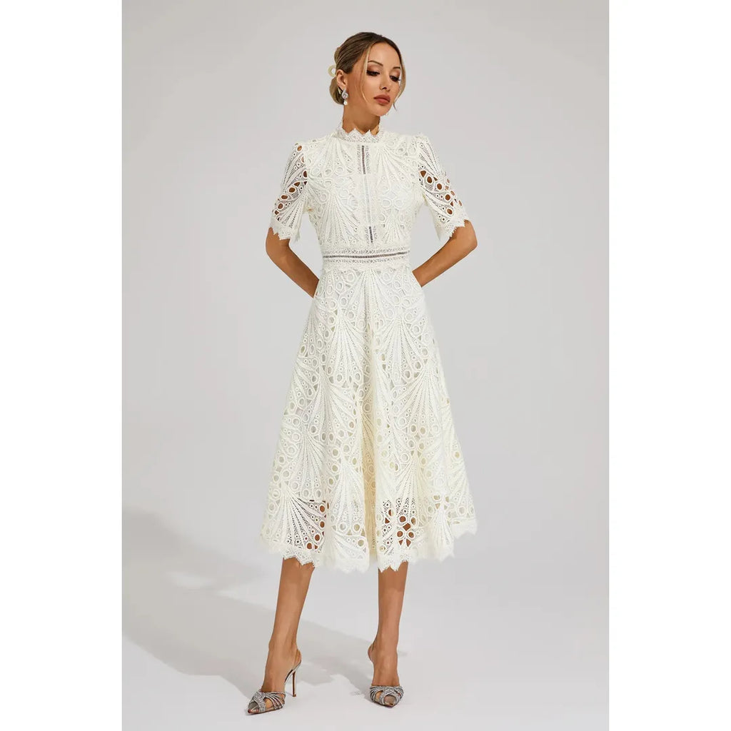 Juliette | Damen Kurzarm Spitzen Midi Kleid